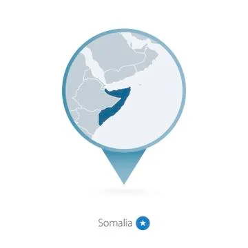 Map pin with detailed map of Somalia and neighboring countries. Stock Illustration