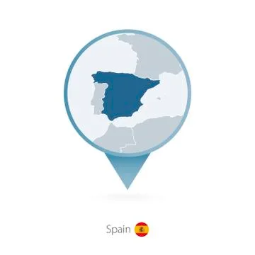 Map pin with detailed map of Spain and neighboring countries. Stock Illustration