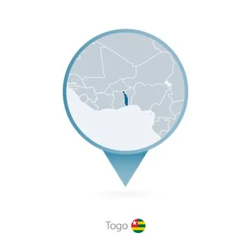 Map pin with detailed map of Togo and neighboring countries. Stock Illustration