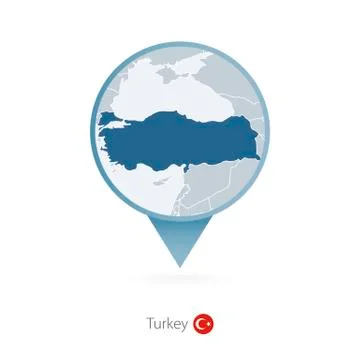 Map pin with detailed map of Turkey and neighboring countries. Stock Illustration