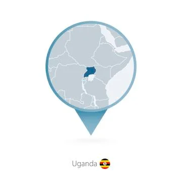 Map pin with detailed map of Uganda and neighboring countries. Stock Illustration