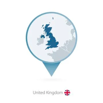 Map pin with detailed map of United Kingdom and neighboring countries. Stock Illustration