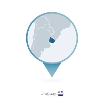 Map pin with detailed map of Uruguay and neighboring countries. Stock Illustration