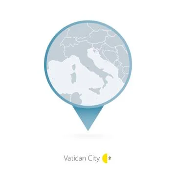 Map pin with detailed map of Vatican City and neighboring countries. Stock Illustration