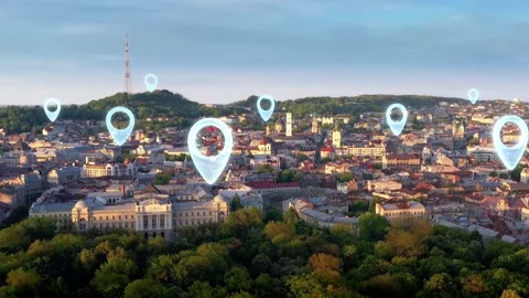 Map pin flat of city, global business and network connection concept. Navigation Stock Footage 180054061