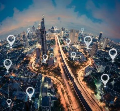 Map pin flat of city, global business and network connection concept, Bangkok Ilustración de archivo
