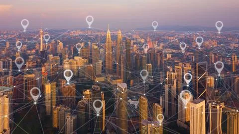 Map pin flat of city, global business and network connection in futuristic te Stock Photos