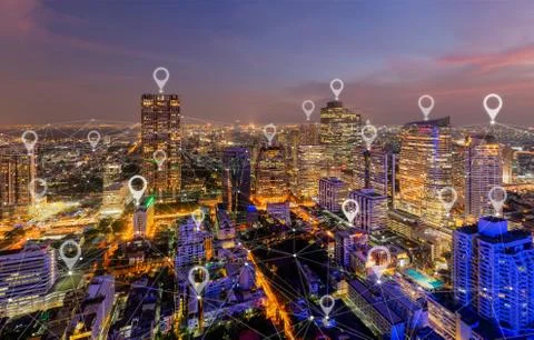 Map pin flat of city, global business and network connection in futuristic te Stock Photos