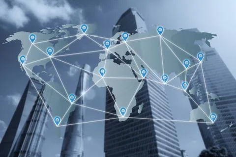 Map pin flat network above world map with network connection partnership line Stock Photos