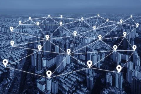 Map pin flat of network connection in city. Network connection concept. Stock Photos