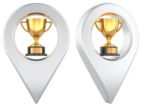 Map pin with gold trophy award inside, side and front views. 3d rendering Stock Illustration