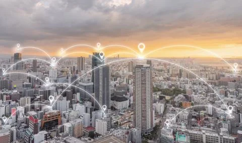 Map pin GPS navigation technology in the city at sunset Stock Photos