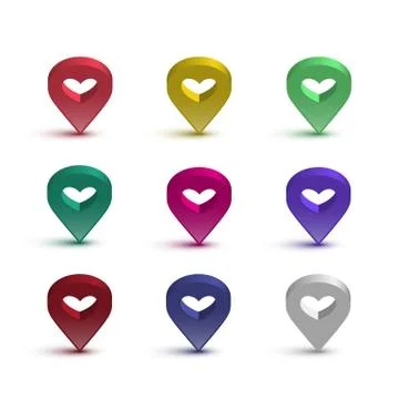Map pin with heart set. Vector shiny signs with hearts for map isolated on white Stock Illustration