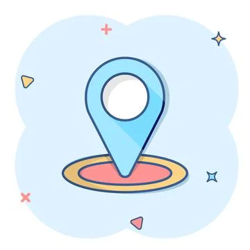 Map pin icon in comic style. Gps navigation cartoon vector illustration on wh Ilustração Stock