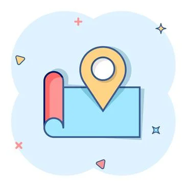 Map pin icon in comic style. GPS navigation cartoon vector illustration on wh Stock Illustration