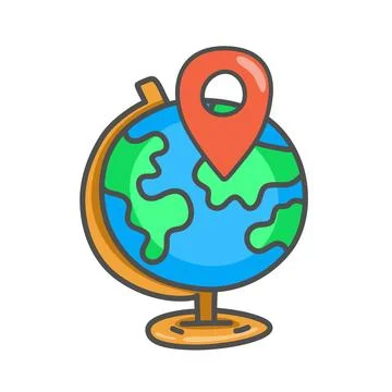 Map pin icon on globe illustration design. Location symbol sign on white backgro Ilustração Stock