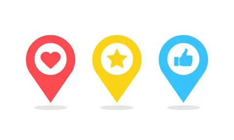 Map pin icon set. Red heart, yellow star and blue like in marker pin symbol.  Stock Illustration