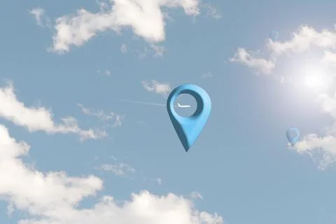 Map pin location button with clouds on blue, map pointer navigation concept Stock Illustration