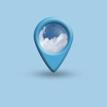 Map pin location button with clouds on blue, map pointer navigation concept 스톡 일러스트