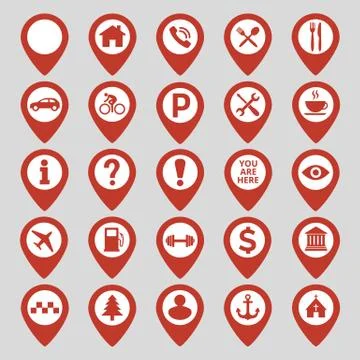 Map pin location icons set on gray background. Stock Illustration
