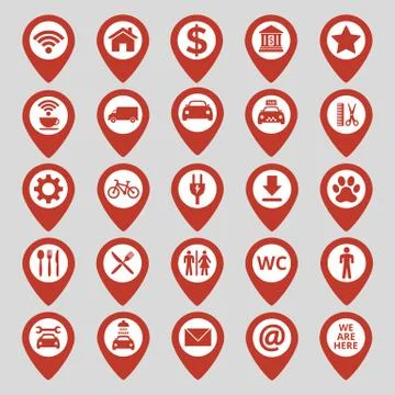 Map pin location icons set on gray background. Stock Illustration