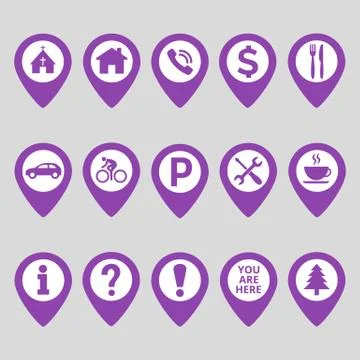 Map pin location icons set on gray background. Stock Illustration