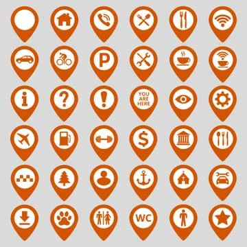 Map pin location icons set on gray background. Stock Illustration