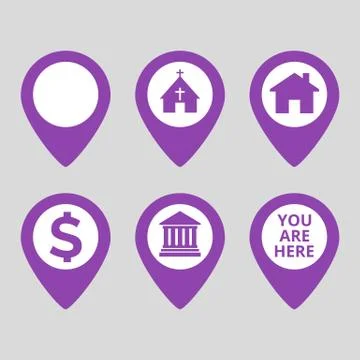 Map pin location icons set on gray background. Stock Illustration