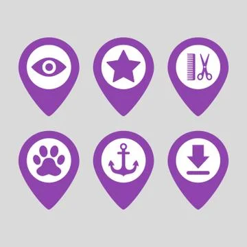 Map pin location icons set on gray background. Stock Illustration
