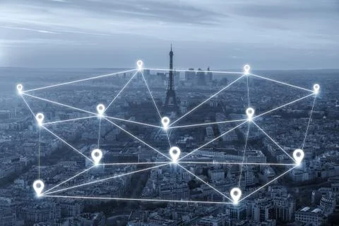 Map pin network connection flat above over Paris city. Network connection con Stock Photos