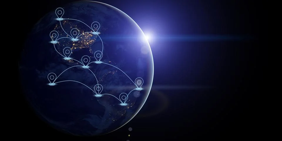 Map pin network on the Earth planet at night on space banner background. Trav 写真素材