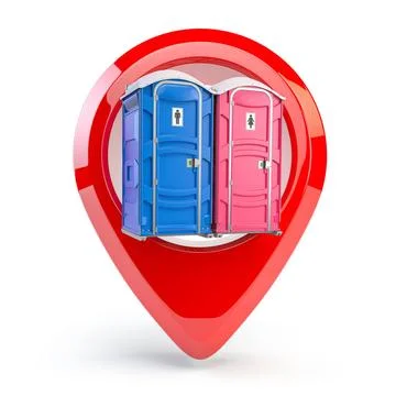 Map pin or pointer with mobile portable blue plastic toilets. Map pin or p... Stock Photos