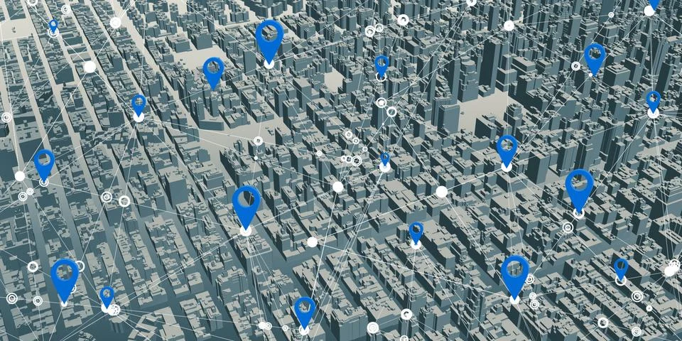 Map pin over 3d model city landscape, wide angle and gps network connection c Stock Illustration
