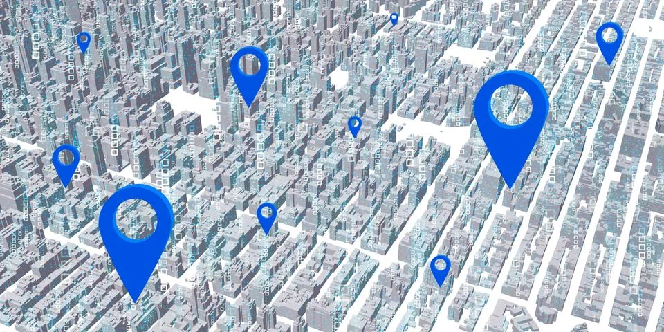 Map pin over 3d model city landscape, wide angle and gps network connection c Stock Illustration