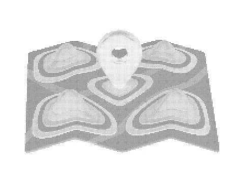Map pin pointer over abstract terrain rendered in detailed halftone stippli.. Ilustração Stock