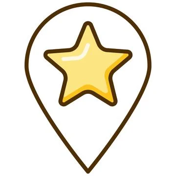 Map pin pointer with yellow star flat icon and thick outline. Stock Illustration