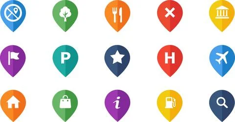 Map pin pointers and navigation location icons set Stock Illustration