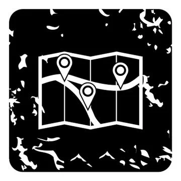 Map with pin pointers icon, grunge style Stock Illustration