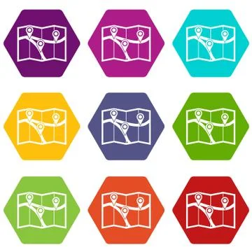 Map with pin pointers icon set color hexahedron Stock Illustration