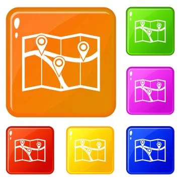 Map with pin pointers icons set color Stock Illustration