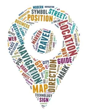 Map Pin shape for navigation and travel word cloud concept Stock Photos