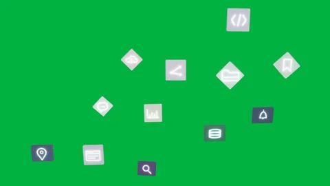 Map-pin spawning, UI icons rising, clustering, rotating, dispersing to demo Stock Footage 334727008