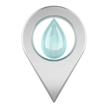 Map pin with water drop, water source location icon. 3D rendering Stock Illustration