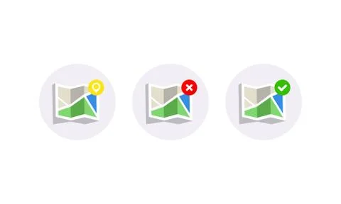 Map with pin, wrong and right check marks. location icon on isolated white ba Stock Illustration