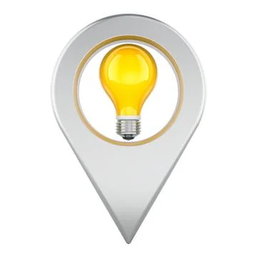 Map pin with yellow light bulb. Smart location, innovation and idea discove.. 스톡 일러스트