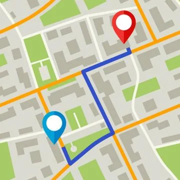 Map with pins and blue way Stock Illustration