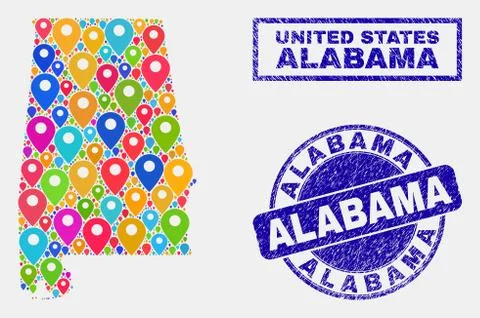 Map Pins Collage of Alabama State Map and Grunge Stamps 스톡 일러스트