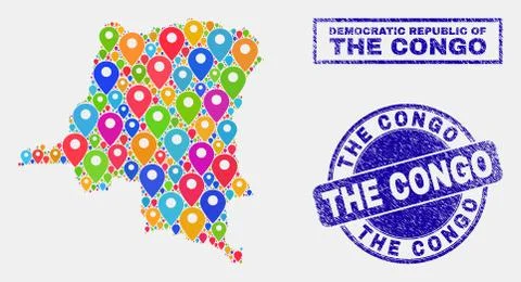 Map Pins Collage of Democratic Republic of the Congo Map and Scratched Stamps 스톡 일러스트