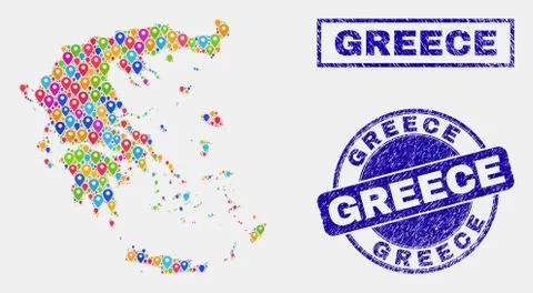 Map Pins Collage of Greece Map and Scratched Stamp Seals 스톡 일러스트