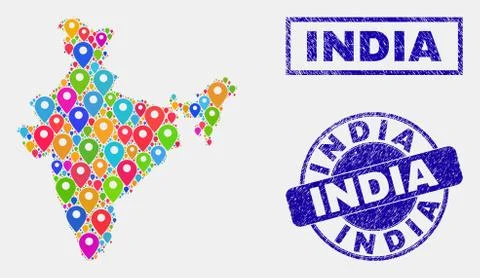 Map Pins Collage of India Map and Textured Seals Stock Illustration